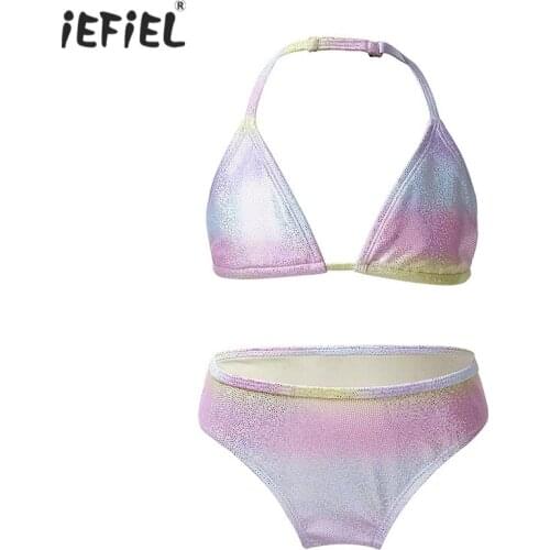 Kids Girls Tankini Swimwear Bikini Sets Beach Wear Gradient Color Glittery Swimsuit Bathing Suit Set Halter Top with Bottoms