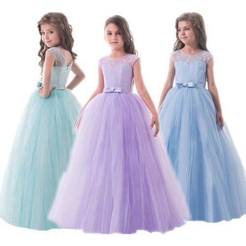 Kid Girls Party Dress Elegant Girl Evening Dress For Wedding Birthday Lace Kids Dresses For Girls Solid Princess Vestidos 6-14T