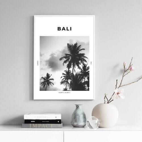 Bali Travel Print Black White Photography Poster Wall Art Coordinates Canggu Ubud Palm Tree Tropical Picture Painting Home Decor