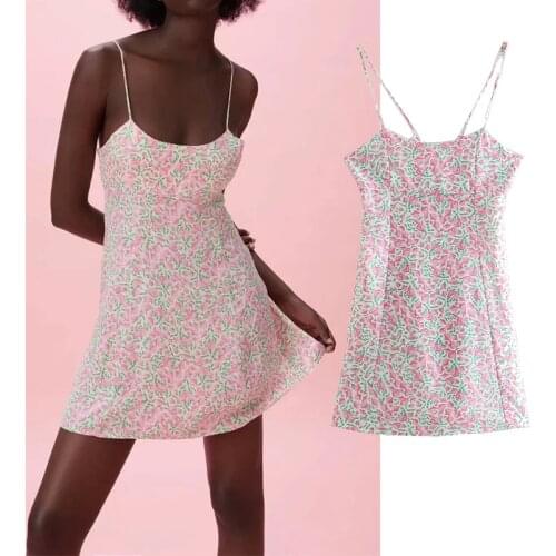 Klkxmyt Za 2021 Dress Woman Sweet Floral Print Summer Short Sexy Dress Women Backless Thin Straps Elegant Mini Dresses