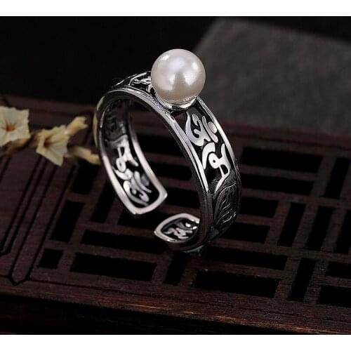 S925 sterling silver Inlay Six words ZHENYAN Pearl hollowed-out Opening Personality All-matching Female ring