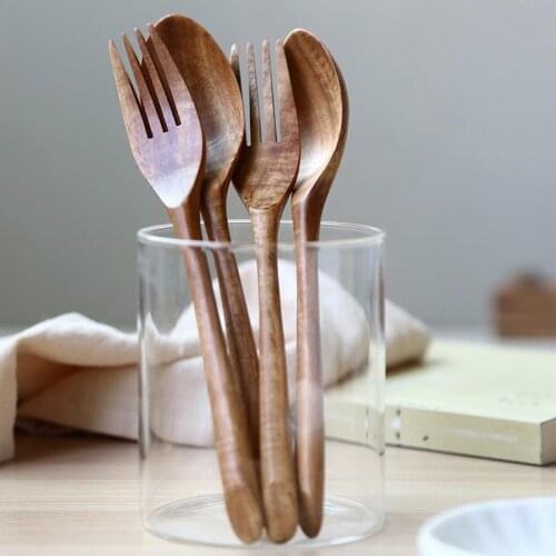 Japanese Style Natural Black Walnut Wood Spoons Fork Dinner Eating Drinking Soups Poon Salad Fork Tableware Household Utensils