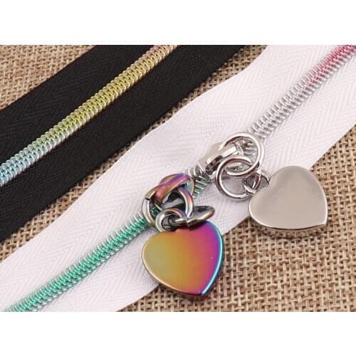 5pcs-5M White Black Rainbow Nylon Coil Zippers with Silver/Rainbow Heart Zipper Slider Colorful Nylon Great for Purse Bag Dress