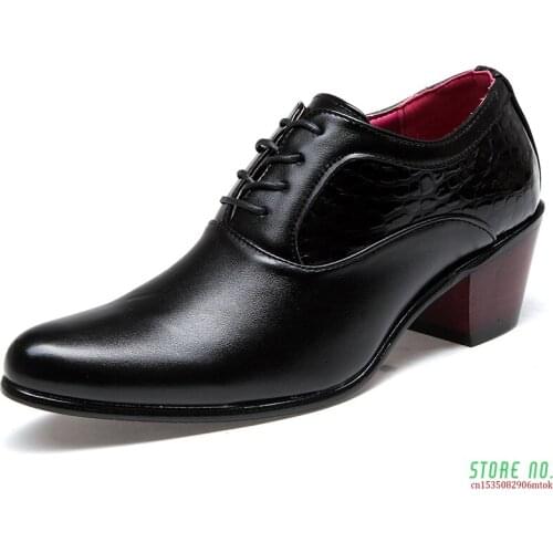 Men Dress Wedding Shoes Glossy Leather 6cm High Heels Fashion Pointed Toe Heighten Oxford Shoes Party Prom X-196
