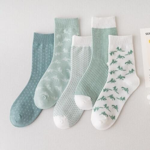 Tide Green Womens Cotton Socks Fashion Dot Leaves Plaid Japanese Korean Harajuku Socks Cozy Breathable Short Casual Unisex Socks