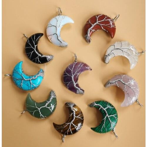Tree of Life Crescent Moon Necklace Copper Wire Wrap Natural Stone Pendant Crystals and Healing Stones Necklace