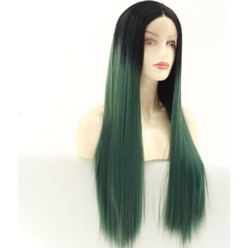Long Straight Hair Wig Dark Green Ombre Two Tone Color Synthetic Wis For Women Party Wig Straight Lace Front Heat Resistant