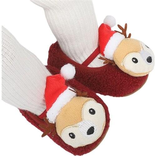 Infant Baby Christmas Slippers Soft Plush Reindeer Design Infant Booties Prewalkers with Anti-Skid Sole
