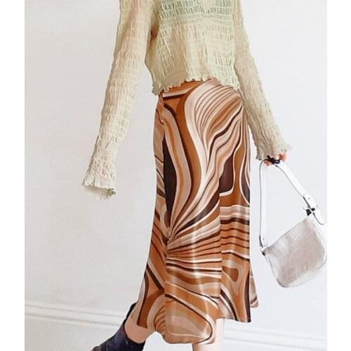 Uclio Casual Printed Midi Skirt Women Brown A-Line High Waist Elegant Skirts Ladies Summer Vintage Fashion Streetwear