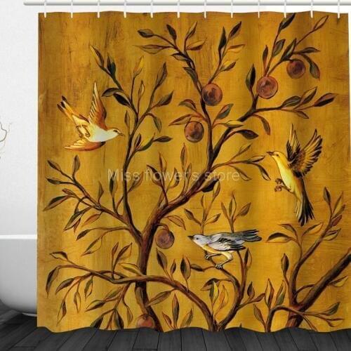 Multi-Size Big Tree With Golden Leaves Design Custom Shower Curtains Bathroom Waterproof Mildew Polyester Fabric+12Hook