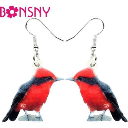Bonsny Acrylic Black Red Vermilion Flycatcher Bird Earrings Drop Dangle For Women Girl Teen Fashion Festival Charm Gift New 2019