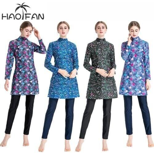 HAOFAN Women Floral Muslim Swimwear Hijab Muslimah Islamic Swimsuit Swim Surf Wear Sport Burkinis Printing