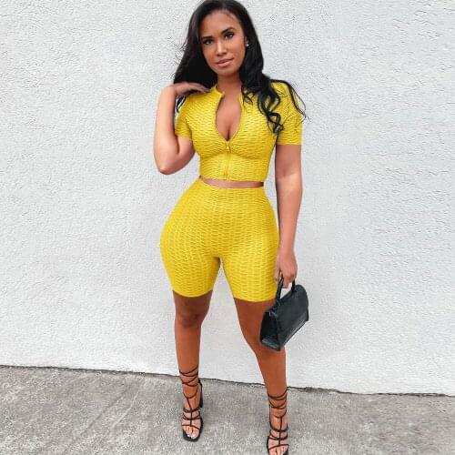 2021 High Quality Fitness Two Piece Sport Suit Women Zipper Front Short Sleeve Crop Top+bodycon Workout Shorts Casual Outfits