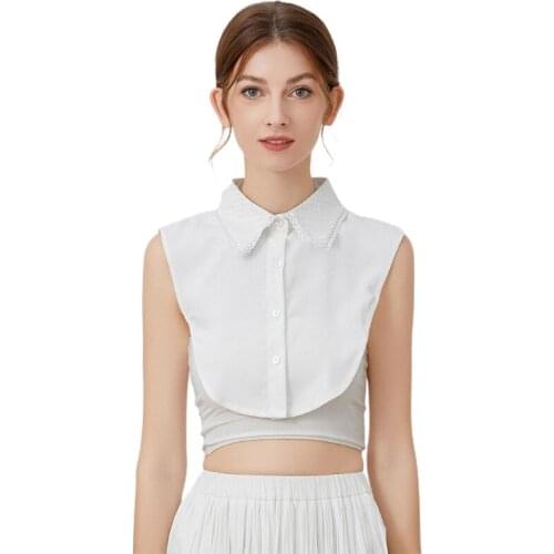 066C Women Plaid Sequin Embroidery Lapel False Collar Button Down Decorative White Half Shirt Layering Detachable Dickey