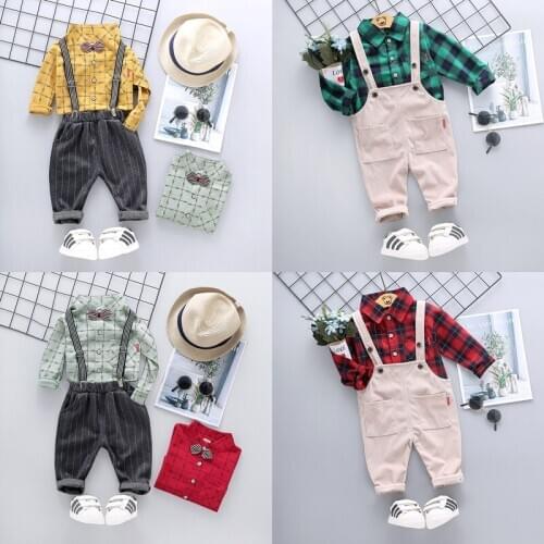 Kids Clothes 2PCS Set Plaid Turn-down Collar Bow Long Sleeve Shirt Tops+Overalls Jeans Party Wedding Baby Boy Clothes Sets 0-24M