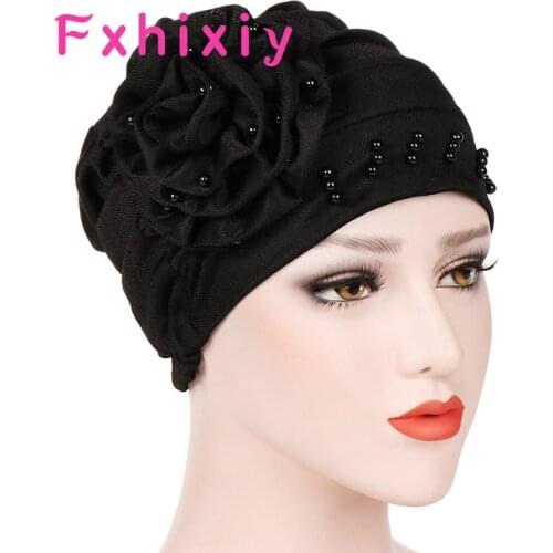Elegant 3D Flower Pearl Beaded Turban Head Wrap Islamic Scarf Beanies Caps Muslim Turbante Party Headwear Hair Accessories