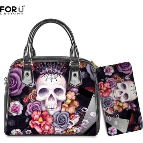 FORUDESIGNS Gothic Skulls With Rose Pattern Women Handbags Casual PU Leather Girls 2pcs/set Crossbody Shoulder Bags bolso mujer