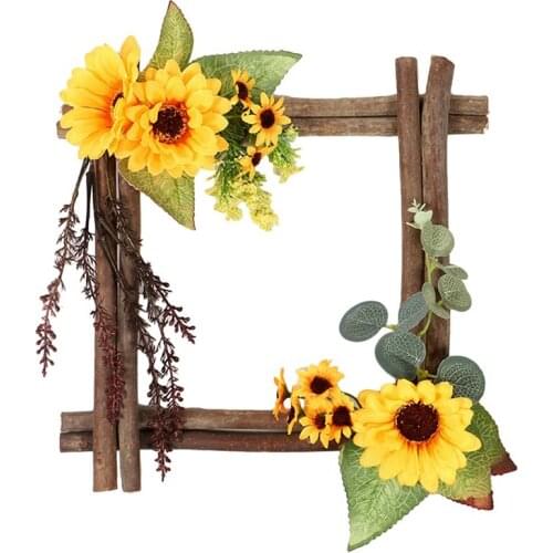 Artificial Sunflowers Wreath Square Shape Wreath Frame for Front Door Indoor Outdoor Wall Window Wedding Home Decoration
