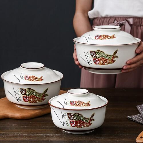 Large capacity Japanese ceramic cover soup noodle bowl stew bowl household tureen tableware set
