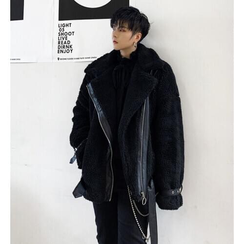 Men Winter Thick Fake Lamb Splice Leather Cotton Padded Motorcycle Jacket Male Streetwear Hip Hop Punk Gothic Coat Outerwear