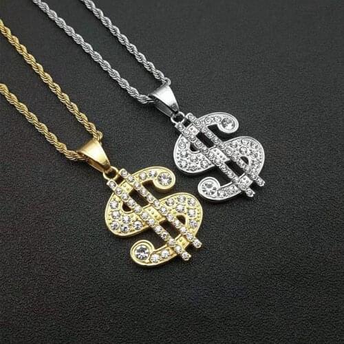 Iced Out Money Dollar Sign Pendant Necklace With Twist Chain Stainless Steel Gold Color CZ Mens Hip Hop Jewelry Dropshipping