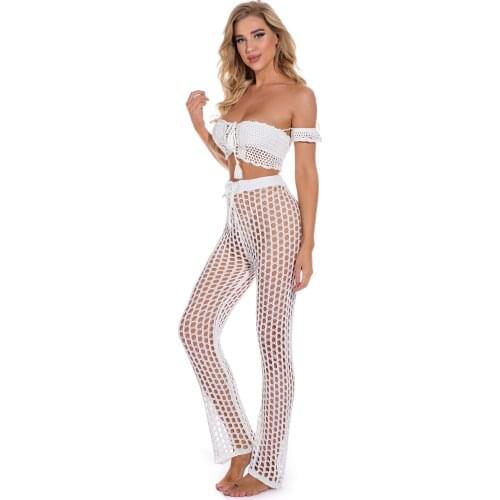 H80&S90 New Boho Women See Through Wide Leg High Waist Trousers Beachwear Long Loose Mesh Sheet Pant Crochet Hollow Out Swimwear