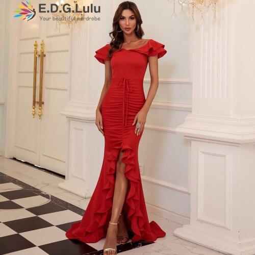 EDGLuLu New Arrival Sexy Club V-neck Butterfly Sleeve Maxi Dresses For Women Party High Split Ruffle Long Mermaid Dress 0318