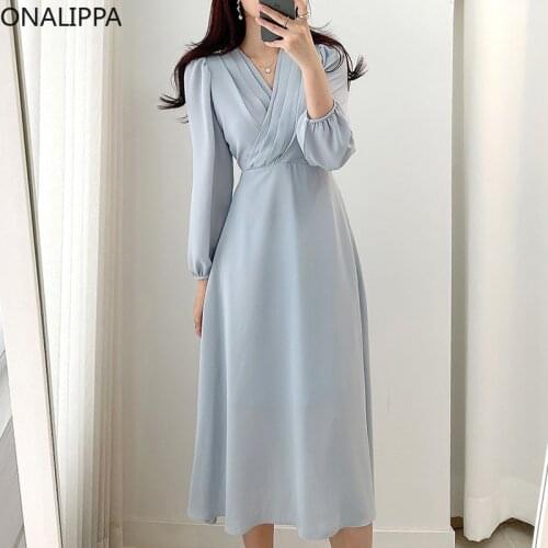ONALIPPA Dress Elegant Woman Korean Chic French Style Soft Thin V-neck Pleated Design Lace-up Wais Long-sleeved Chiffon Vestidos