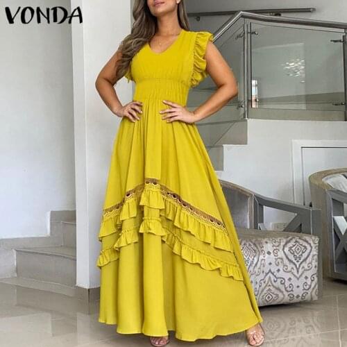 VONDA 3 Colors Women Summer Pleated Tank Dress 2021 Sexy V Neck Lace Sleeveless Ruffled Hem Dresses Loose Beach Sundress