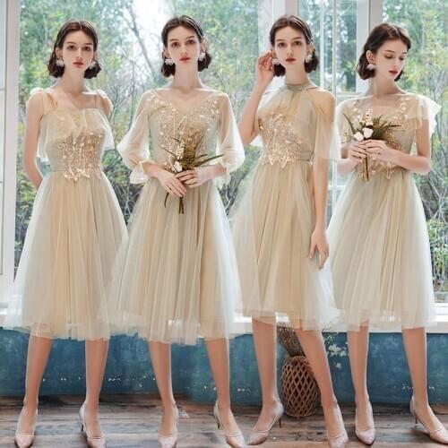 Bridesmaids Dresses Luxury Short A-Line Knee-Length Halter Off The Shoulder Embroidery Lace Tulle Women Wedding Party Gown E130