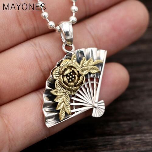 Real 925 Silver Fan Pendant Fashion Lucky Rose Flower Hang Original Pure S925 Thai Silver Pendants for Women Jewelry Making