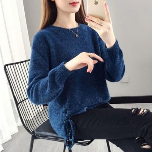 Pullovers Knitted Sweaters Women Lace Up Solid Simple Style Warm Fashion Casual Clothes All-Match Loose Female O-Neck Tops