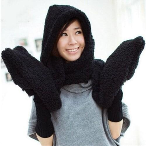 Fashion Women Winter Warm Soft Plush Faux Fur Hooded Cap Hat Scarves Hood Pocket Gloves Scarf women accessories 7236