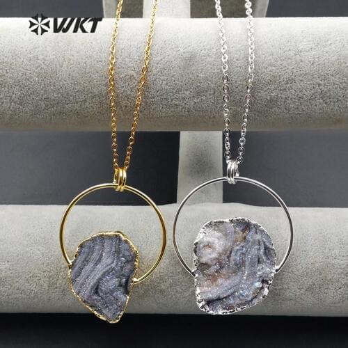 WT-N1008 WTK Wholesale Custom Natural Druzy Stone Pendant Necklace Unique Shape Pendant With 18 inches Link Chain Jewelry