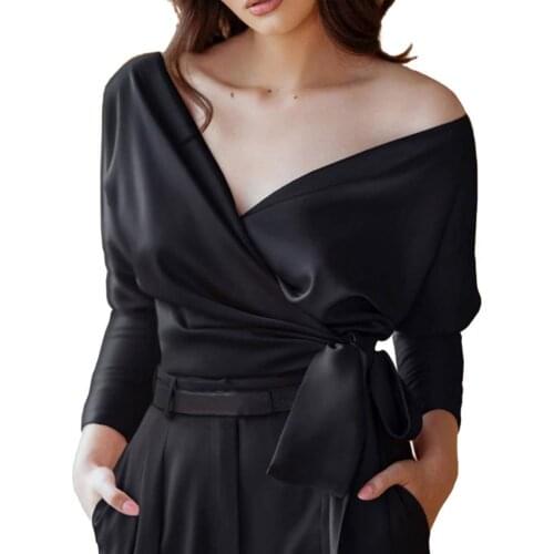 Lady Sexy Blouse 2021 Shirt V Neck Solid Color Satin Long Sleeve Sexy Autumn Top for Autumn Cross Neck Lady Spring Shirt