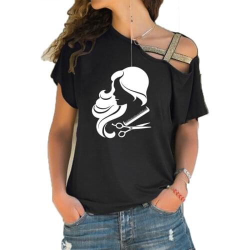 Hot Sale Woman Hair Cut Tee Shirt Hair Salon Haircut Woman Art fashion Irregular Skew Cross Bandage style tee tops