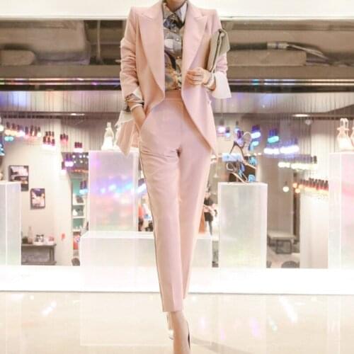 Women Clothing Pink Office England SuitsTwo Pieces Sets Jackets Outerwear High Waist Pencil Pants Female Outfits