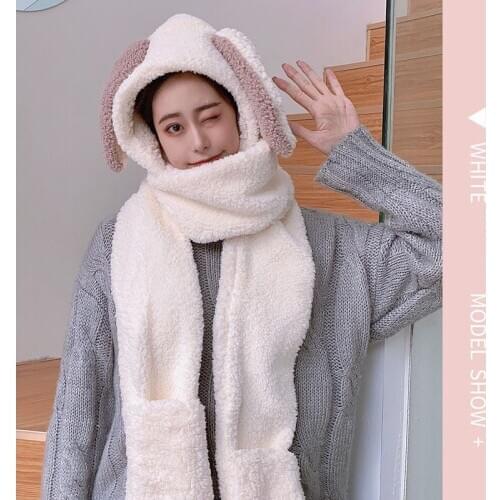 Women Winter Bunny Ear Hat Scarf Female Autumn Warm 3-in-1 Plush Long Ears Hat Scarf Gloves &T8