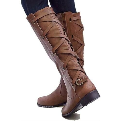 Womens Winter Shoes Knee High Boots Plus Big Size High Quality PU Leather Brand Cross-Tied Women Shoes Lace Up Winter Boots