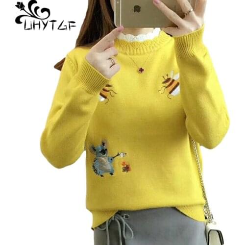 UHYTGF Autumn Winter Sweaters For Women Long-Sleeved Pullover Knit Short Top Female Fashion Embroidery Slim Bottoming Shirt 1904