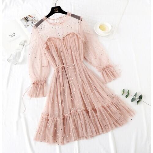 New Shiny Dress Women 2020 Sequined Transparent Loose A-line Mesh Patchwork Elegant Long Sleeve Summer Dress Korean Style Kimono