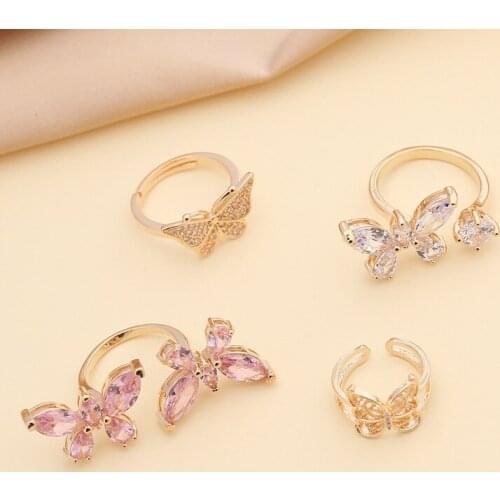 2021 New Fashion Copper Zircon Butterfly Adjustable Ring For Women Korean Pop Exaggerated Animal Metal Ring Jewelry Wholesale