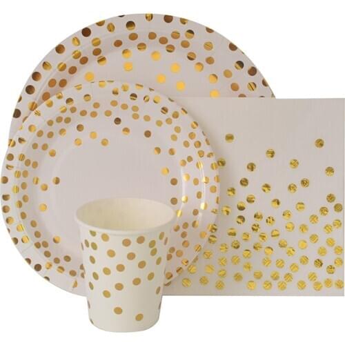 8 Pc Foil Gold Dot Wedding Party Supplies Decoration Cake Dish Disposable Paper Plates Straws Birthday Baby Shower Favors