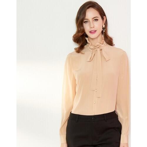 Beige bowtie silk blouse office womens shirts and blouses long sleeve 2020 summer casual sexy boho plus size high quality loose