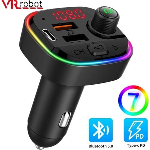 Bluetooth 5.0 FM Transmitter QC3.0+PD Fast USB Charger Adapter Wireless Car MP3 Player Handsfree Car Kit with Bass Audio Backlit
