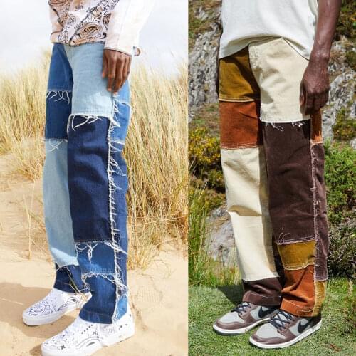 Full Length Pants Casual Straight Tassel Patchwork Jeans Trousers Male Fashion Streetwear Men Wash Splice Loose Hip Hop Denim