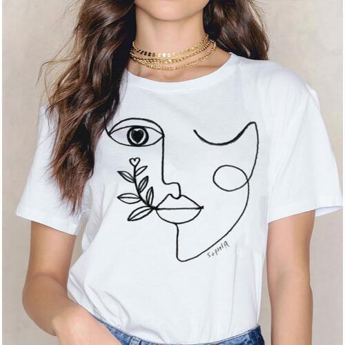 New fashion minimalist abstract face print T-shirt Modal summer short-sleeved O-neck T-shirt fashion casual wild womens shirt