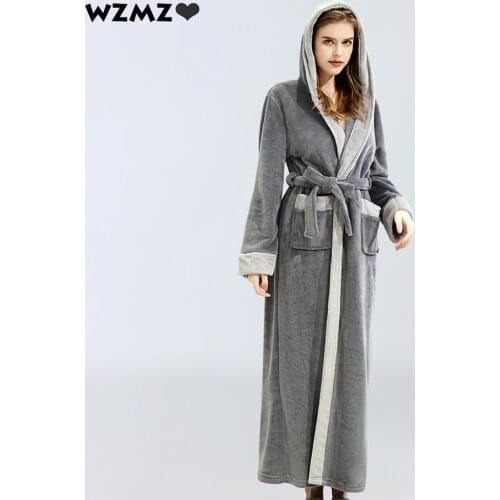 Autumn Winter Flannel Bathrobe Woman Thick Warm Hooded Robes Luxury Noble Patchwork Pockets Bridal Robe Dressing Gown With Belt