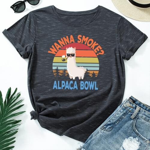 Wanna Smoke Alpaca Bowl T-Shirt Funny Llama Shirts for Women Female Graphic Tee Short Sleeve Summer Shirts Tops Shirt Animal