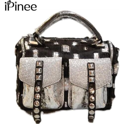 IPinee Womens Classical Handbag High Quality Totes Denim Crossbody Bags Female Rivets Shoulder Purse Ladies Top Handle Bag